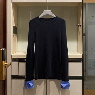 气质爆棚 打底衫 翻边拼色袖 女圆领纯羊绒毛衣修身 羊绒衫 简洁好搭