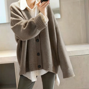 女纯羊绒毛衣针织外套宽松 重磅大克重加厚V领羊绒开衫 赞暴这版 型