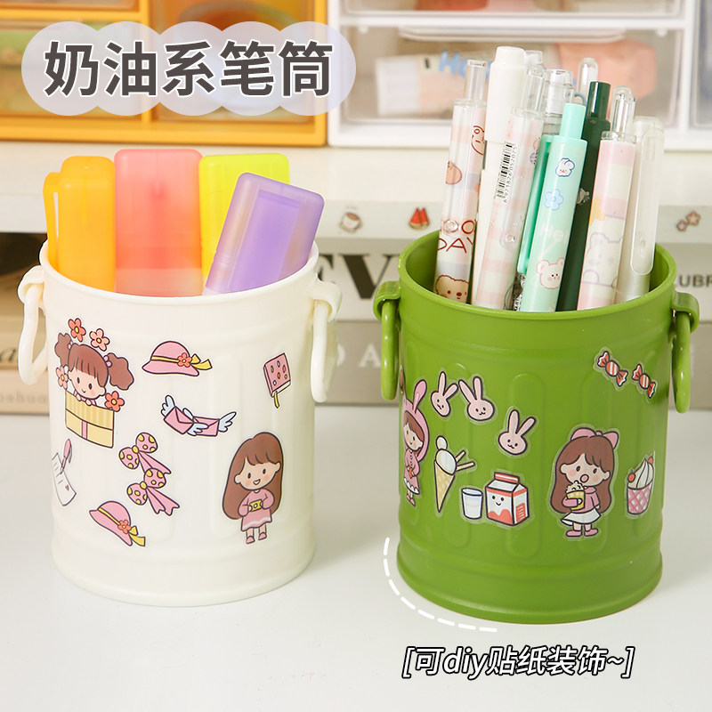 笔筒ins可爱小众创意美式复古小桶桌面办公室文具学生化妆收纳桶