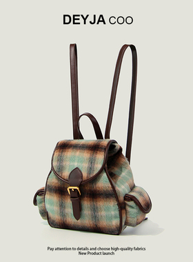 Deyja coo包包女2025秋冬新款绒面呢子背包复古学院风格纹双肩包