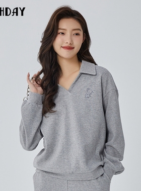 highday轩日套头翻领上衣女运动2025春秋新款浅灰长袖宽松卫衣ins