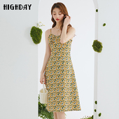 highday轩日2024春秋碎花修身 吊带裙女小众中长过膝温柔风连衣裙
