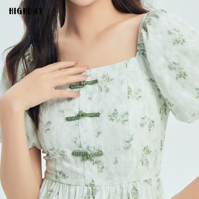 轩日2024夏装新款方领淡雅收腰印花裙女新中式修身泡泡袖连衣裙潮,女装/女士精品,连衣裙,淘宝优惠券,粉丝福利购,淘宝优惠卷