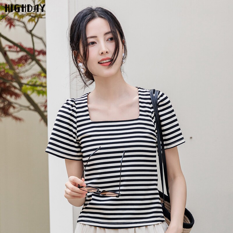 highday轩日24夏装新款黑白条纹短袖T恤女法式方领泡泡袖短款上衣