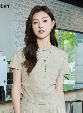 轩日2024夏季新款圆领修身上衣女洋气立体装饰简约抽褶短袖T恤ins