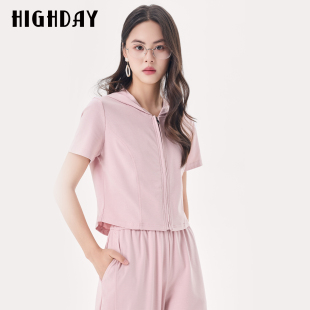 HIGH DAY/轩日粉色短袖T恤2026夏季新款开衫正肩短款卫衣外穿上衣