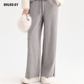 highday轩日2024冬季 ins 女浅灰开叉阔腿直筒裤 商场同款 高腰休闲裤