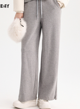 highday轩日2024冬季商场同款高腰休闲裤女浅灰开叉阔腿直筒裤ins