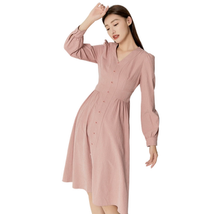 highday轩日商场同款V领藕粉色修身女裙2024春秋新款温柔风连衣裙