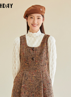 轩日通勤小众背心裙女冬季复古文艺修身方口领无袖连衣裙中长裙潮