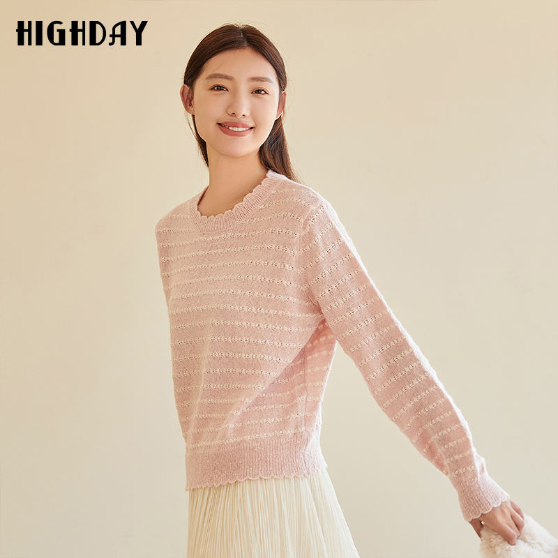 轩日长袖宽松条纹甜美针织毛衫