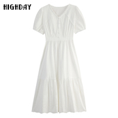 highday轩日夏季 收腰连衣裙 女裙长裙韩系V领白色短袖 法式 镂空修身
