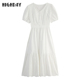 highday轩日夏季 收腰连衣裙 女裙长裙韩系V领白色短袖 法式 镂空修身
