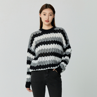 HIGH DAY/轩日黑白条纹针织衫2025秋季新复古休闲风撞色长袖上衣