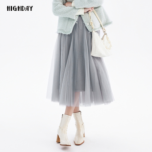 a字网纱裙中长裙子 高腰半身裙女新款 highday轩日2024冬季 商场同款