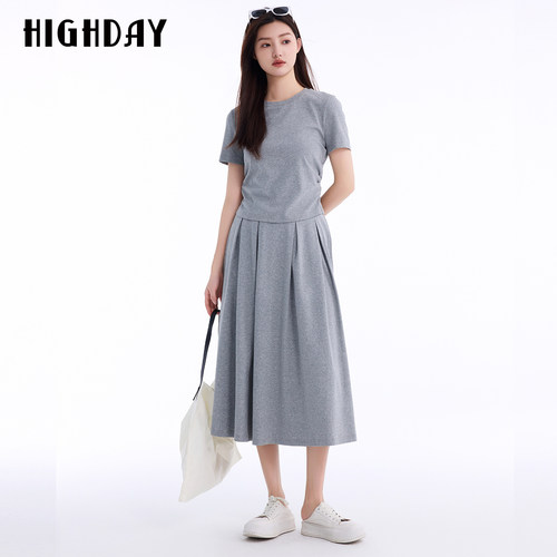 HIGHDAY轩日2026夏新款浅灰棉纶混纺半身裙女压褶休闲运动中长裙