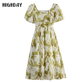 highday轩日夏季 收腰连衣裙ins 印花女裙洋气捏褶短袖 法式 方领修身