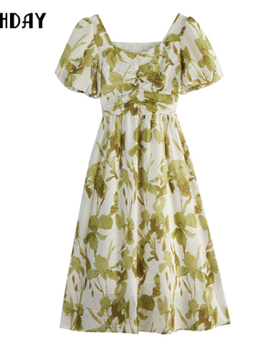 highday轩日夏季法式方领修身印花女裙洋气捏褶短袖收腰连衣裙ins