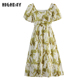 highday轩日夏季 收腰连衣裙ins 印花女裙洋气捏褶短袖 法式 方领修身