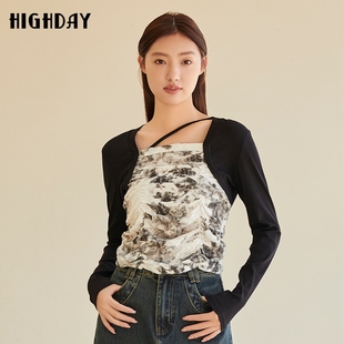 highday轩日2025春秋新款 T恤 拼接潮酷设计感小众印花方领修身 长袖