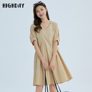 highday轩日2026夏装新款小V领宽松裙子女纯色小众休闲短袖连衣裙