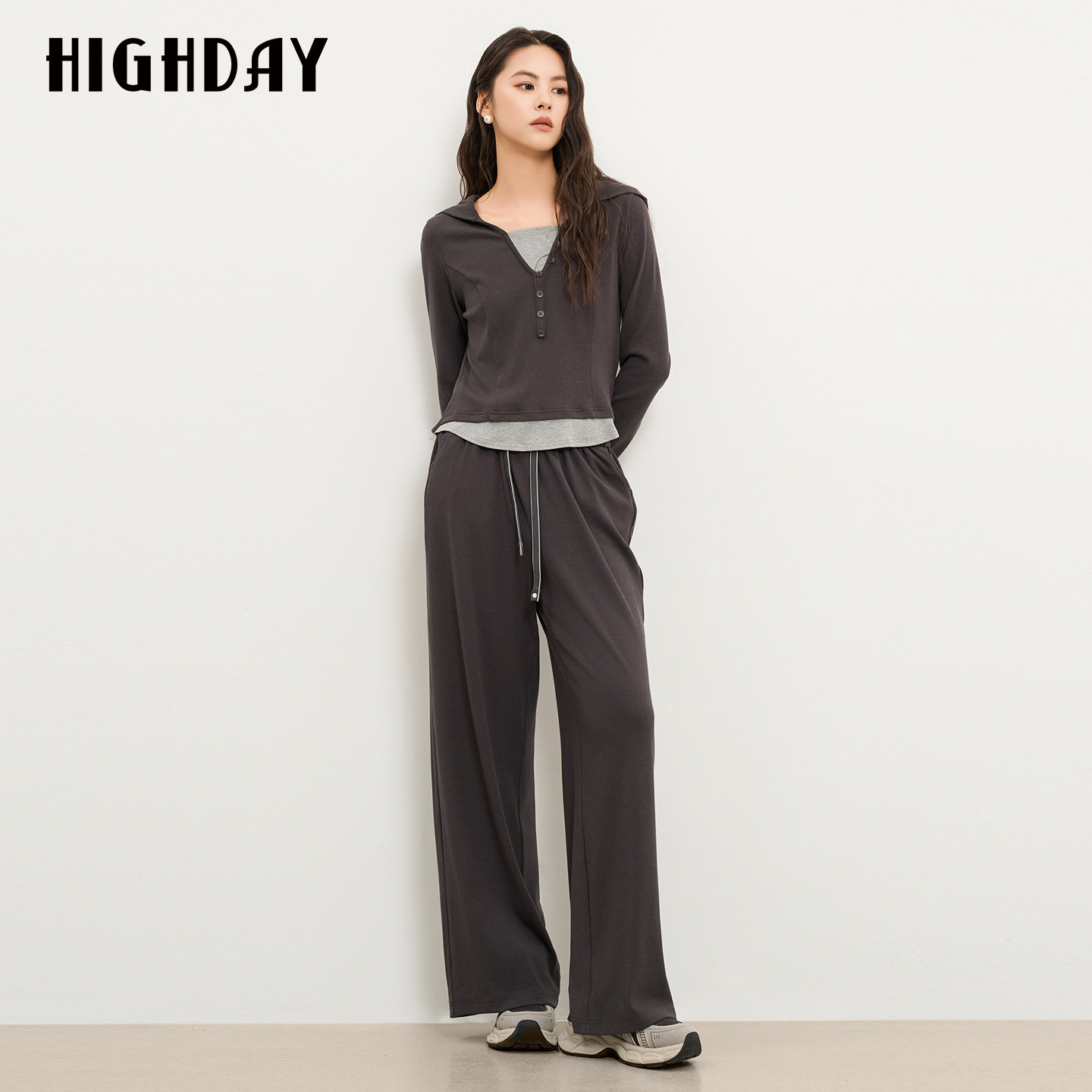 HIGHDAY轩日抽绳休闲裤女春秋2026高腰垂感宽松显瘦长裤子图片