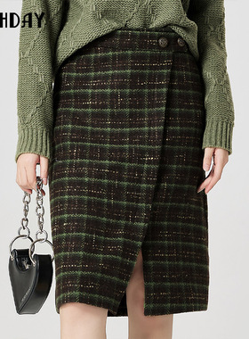 highday轩日2024冬季新款高腰格纹复古半身裙女小众开叉包臀裙ins