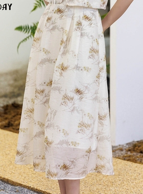 highday轩日2024夏季新款高腰印花半身裙女优雅气质a字过膝长裙潮