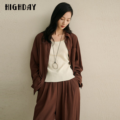 HIGHDAY轩日宽松长袖衬衫女春秋2026复古翻领慵懒风休闲外搭开衫