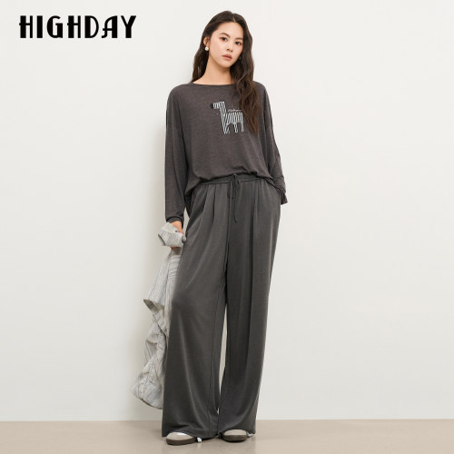 HIGHDAY轩日垂感阔腿休闲裤女2026秋松紧腰抽绳宽松显瘦拖地长裤