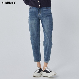 九分长裤 highday轩日2024春季 女口袋设计锥形裤 高腰牛仔裤 子 新款