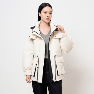 HIGHDAY轩日米白撞色连帽工装羽绒服2025冬季收腰显瘦休闲外套女