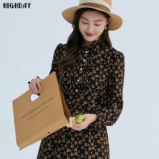女裙立领长袖 泡泡袖 连衣裙 复古碎花修身 highday轩日2024秋冬新款