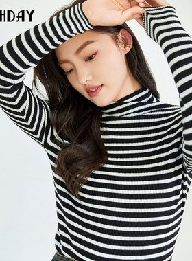 highday轩日2024冬季新款高领修身长袖打底衫女复古条纹针织毛衫