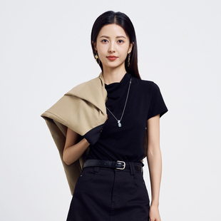 HIGH DAY/轩日黑色半高领短袖T恤2025早秋修身气质显瘦上衣女