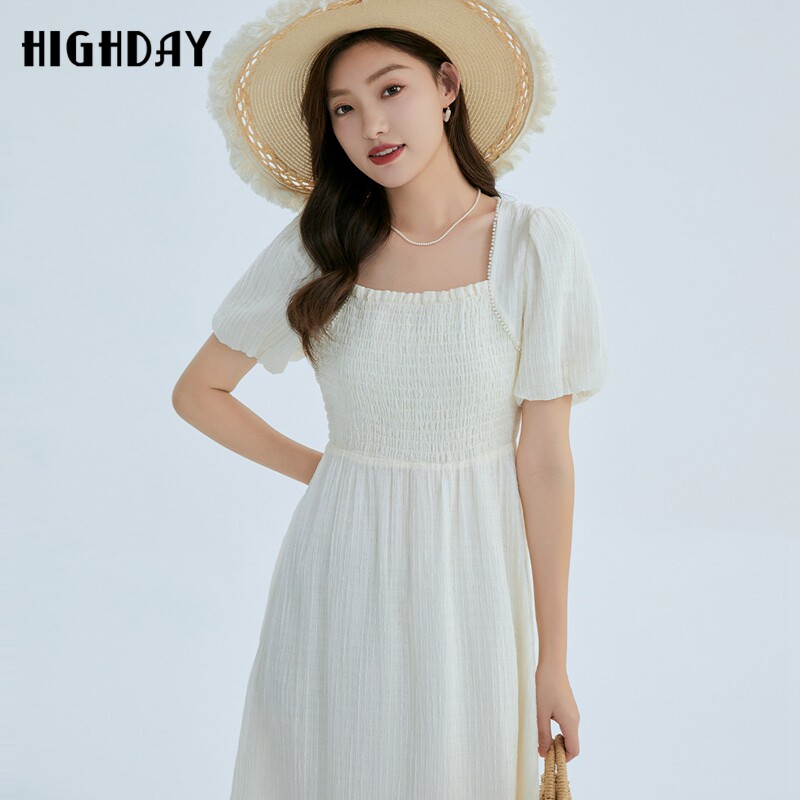 highday轩日2024夏季新款方口领法式白色仙女裙法式ins短袖连衣裙