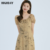 highday轩日2024夏季 连衣裙 女裙新大圆领水墨印花短袖 商场款 修身