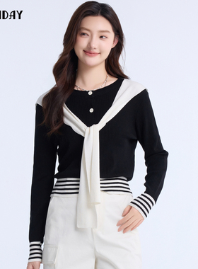 轩日黑色长袖针织衫2025新款春秋小个子套头气质时尚上衣