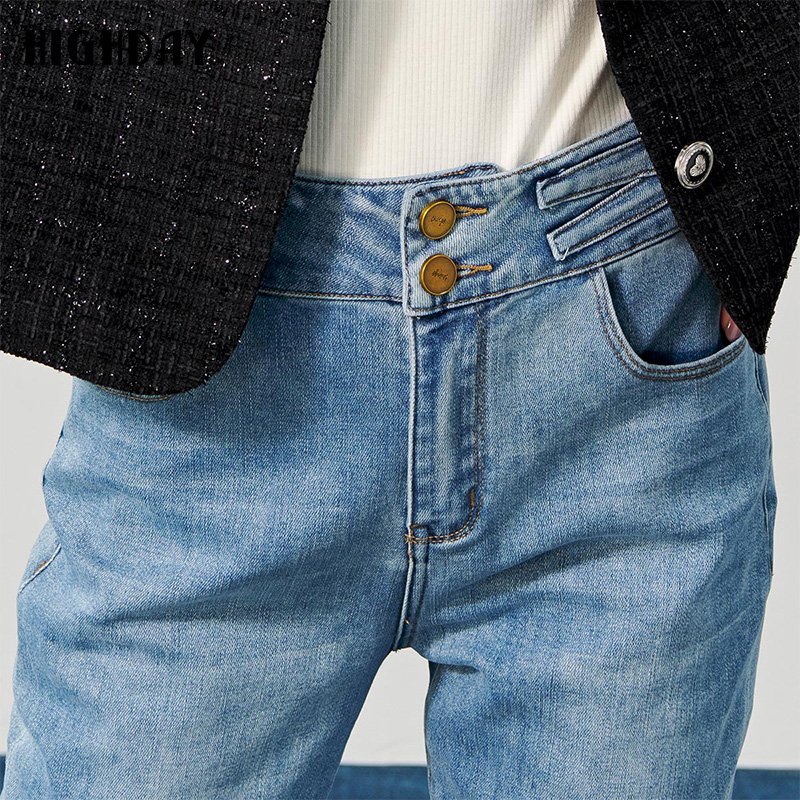 轩日高腰磨白小脚牛仔裤