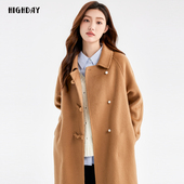 highday轩日2024冬季 翻领宽松双面尼大衣女长款 单排扣毛呢外套ins