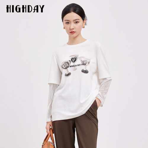 轩日HIGHDAY假两件长袖T恤女2026早秋时尚设计感印花圆领纯棉上衣