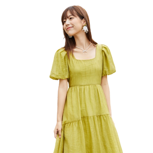 highday轩日夏装方领花苞袖裙子女长裙多巴胺穿搭a字法式连衣裙潮