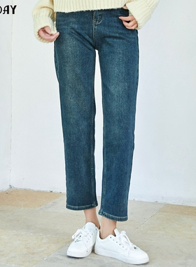 highday轩日2023冬季新款高腰休闲裤子女九分磨白直筒牛仔长裤ins
