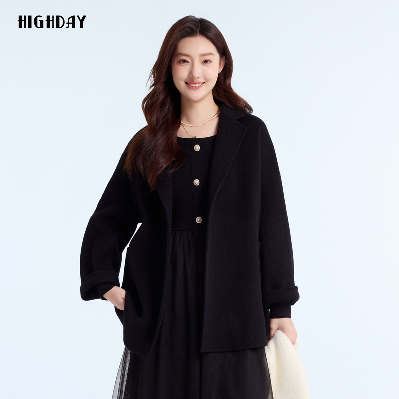 轩日黑色收腰双面尼外套