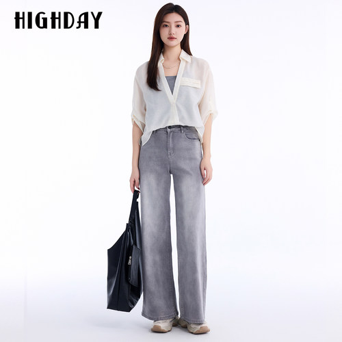 HIGHDAY轩日复古浅灰渐变微喇牛仔裤2026夏遮胯显瘦气质长裤子女