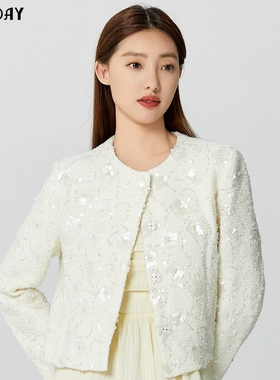 highday轩日2024早春新款圆领小众设计感亮片长袖小香风外套chic