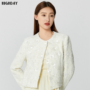 highday轩日2024早春新款 小香风外套chic 圆领小众设计感亮片长袖