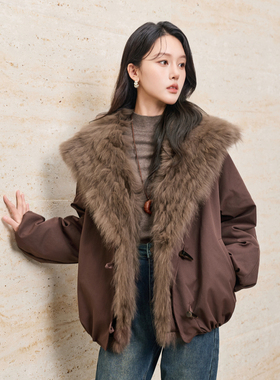 HIGHDAY轩日商场同款狐狸毛鹅绒服2025冬季大翻领气质皮草派克服