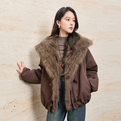 轩日宽松大翻领气质皮草派克服