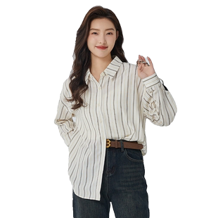 highday轩日2026春季新款落肩翻领衬衣女休闲宽松长袖条纹衬衫ins